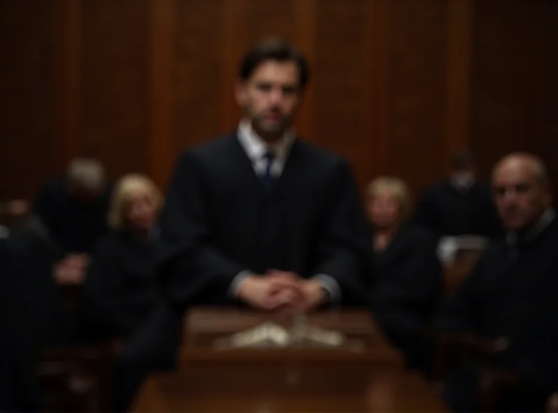 Courtroom scene with a judge and lawyers, somber atmosphere