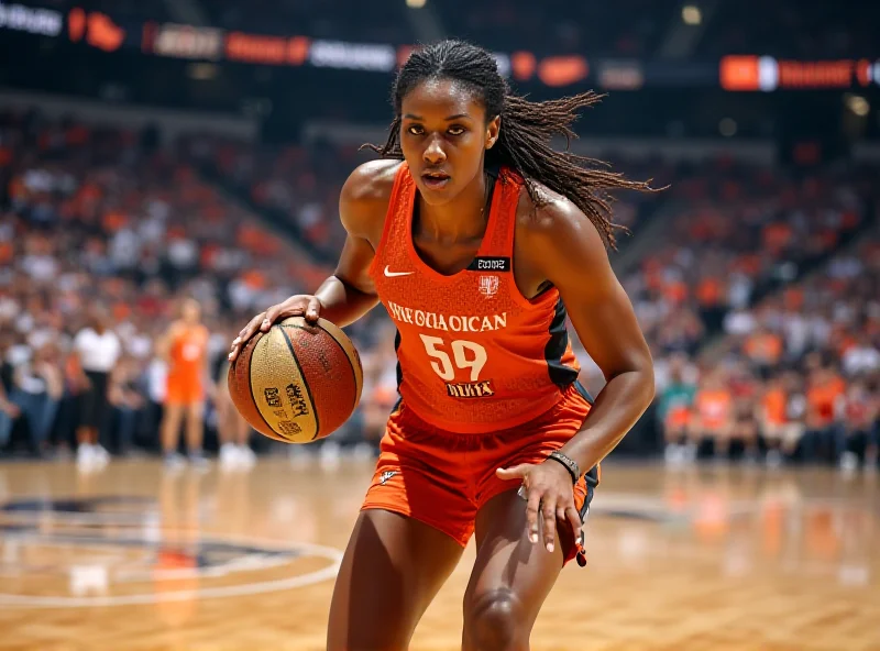 Brittney Griner in her WNBA uniform, looking determined, on a basketball court.