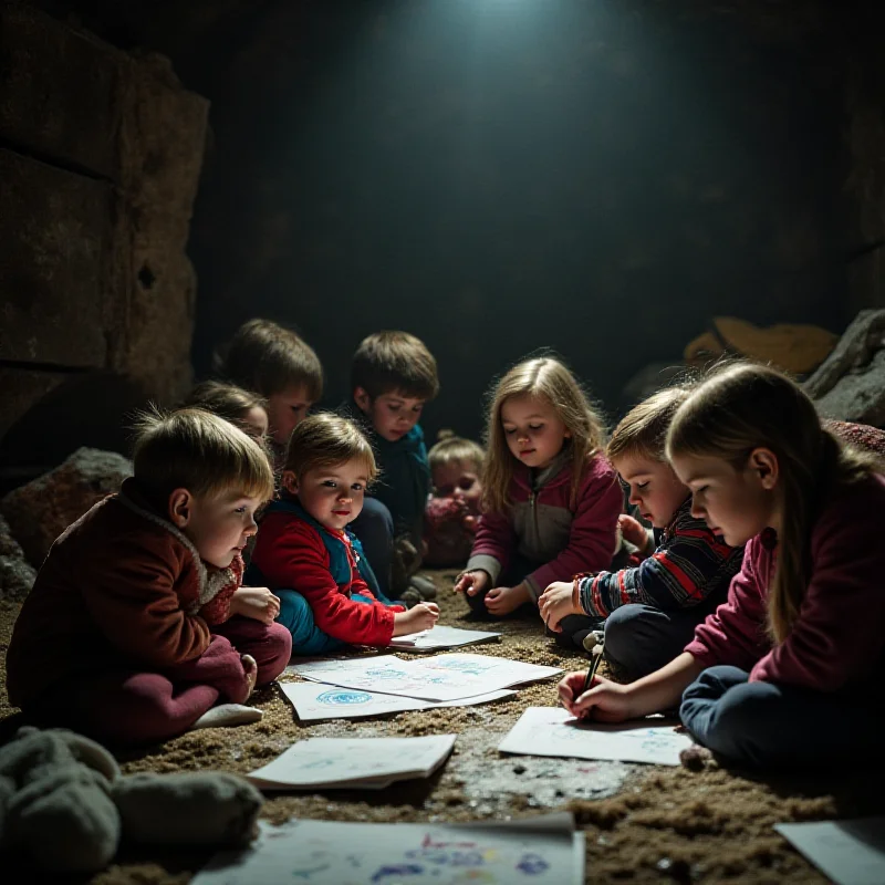 A group of Ukrainian children drawing pictures in a bomb shelter