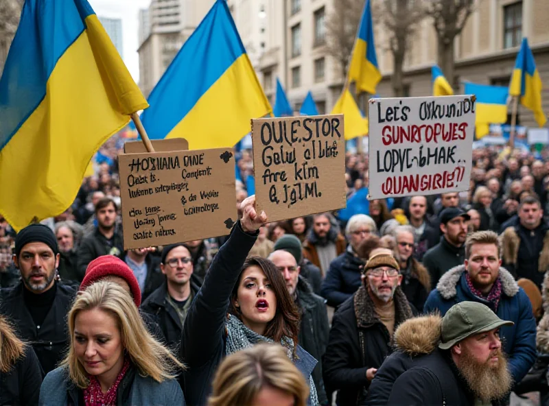 A peace rally with people holding Ukrainian flags and banners