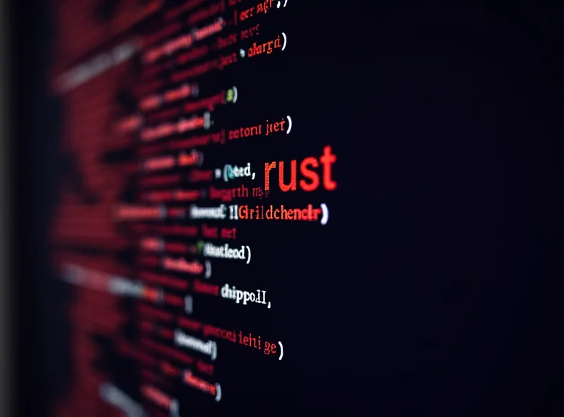 Close-up of computer code on a screen, highlighted in shades of orange and blue, with the word 'Rust' subtly integrated into the design.