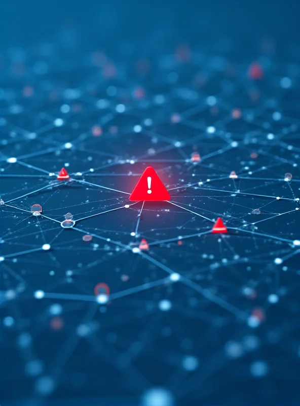 A digital representation of a software supply chain, visualized as interconnected nodes and lines, with a red alert symbol indicating a security breach.