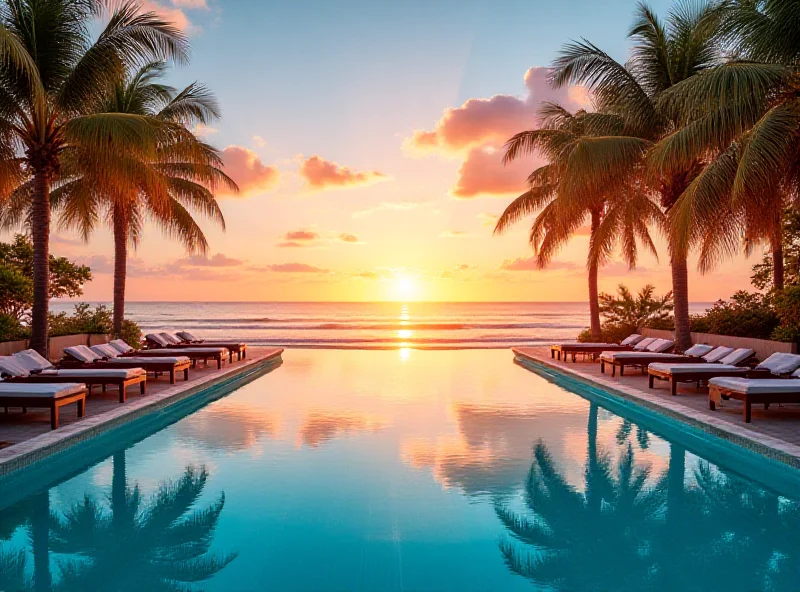 Luxurious resort swimming pool overlooking a tropical beach at sunset.