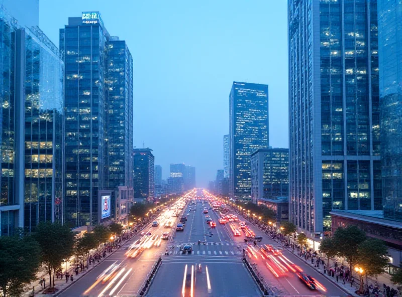 Modern skyscrapers in a bustling city center at dusk, Tianhe district, Guangzhou.