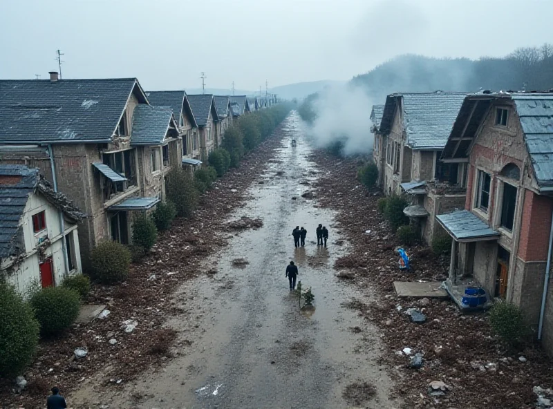 Aerial view of damaged houses and a church in a South Korean residential area after being bombed during a military exercise.