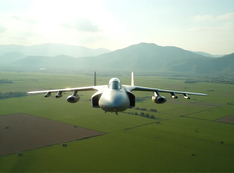 A South Korean fighter jet flying over a rural landscape.