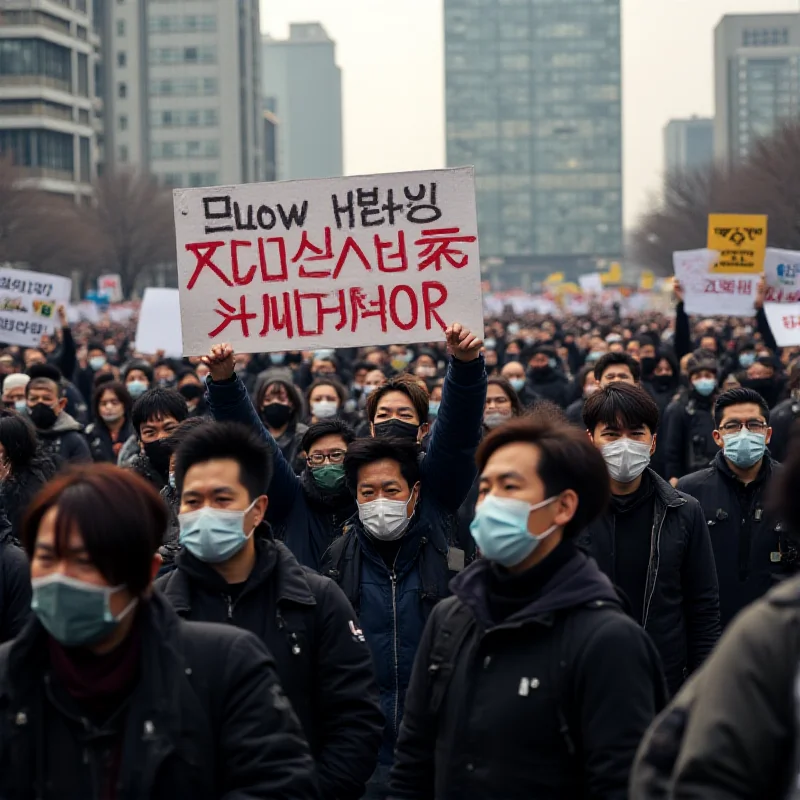 A protest in South Korea with people holding signs.