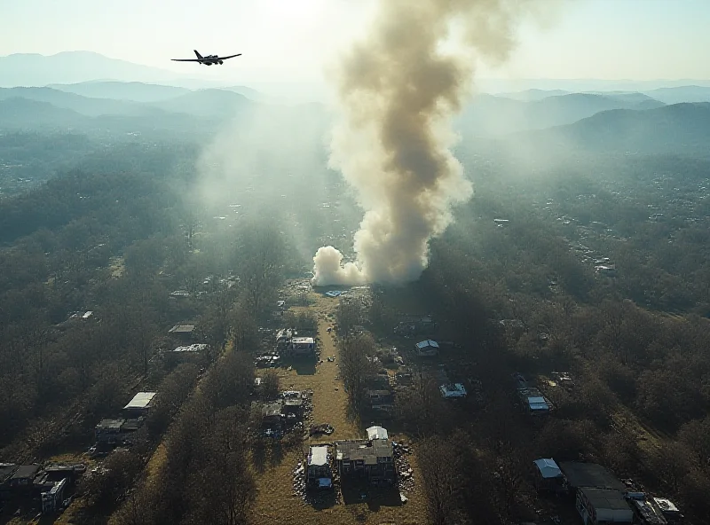 Aerial view of a South Korean village with smoke rising in the distance, fighter jet flying overhead.