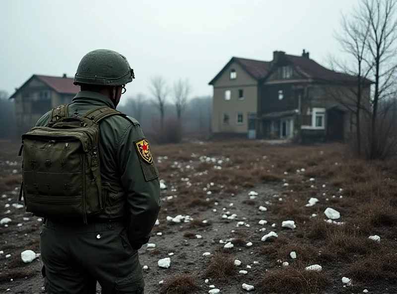 A South Korean soldier inspecting bomb fragments in a rural area, with damaged houses in the background.