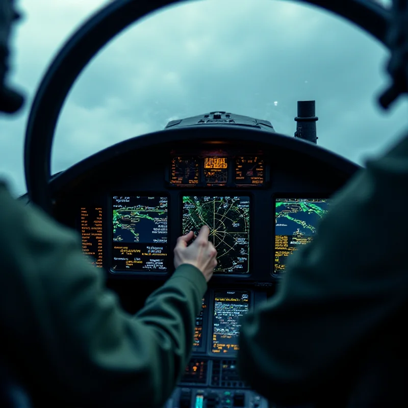 Close-up of a pilot in a KF-16 fighter jet cockpit, focusing on the instrument panel with coordinate entry systems.