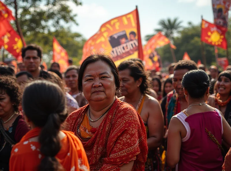 A diverse group of people gathered at a political rally in Sabah, Malaysia, with KDM party banners visible in the background. The scene captures a dynamic and energetic atmosphere, showcasing the party's active engagement with the local community. The lighting is bright and sunny, emphasizing the outdoor setting and the vibrant colors of the traditional clothing worn by some attendees.