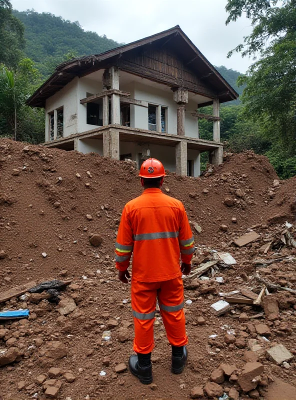 A rescue worker stands amidst the debris of a house destroyed by a landslide in Sabah, Malaysia. The scene is filled with mud, broken wood, and other remnants of the collapsed structure. The rescuer is wearing a bright orange uniform and a helmet, conveying a sense of urgency and professionalism. The background shows a hillside scarred by the landslide, highlighting the scale of the disaster.