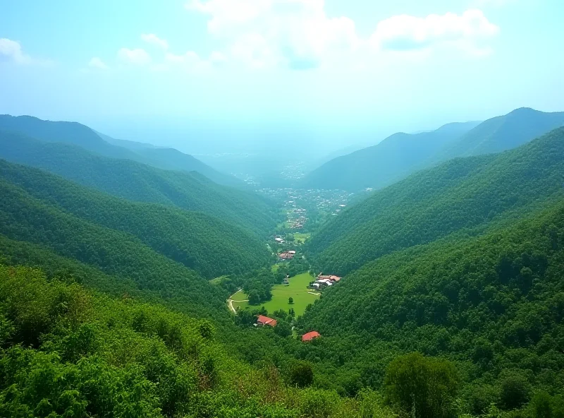 A panoramic view of the landscape in Sabah, Malaysia, featuring lush green hills, a clear blue sky, and scattered houses in the foreground. The scene captures the natural beauty of the region, while also hinting at the challenges of living in an area prone to landslides. The lighting is soft and diffused, creating a serene and peaceful atmosphere.