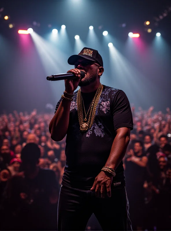 Daddy Yankee performing on stage with a microphone in hand, surrounded by flashing lights and a large crowd.