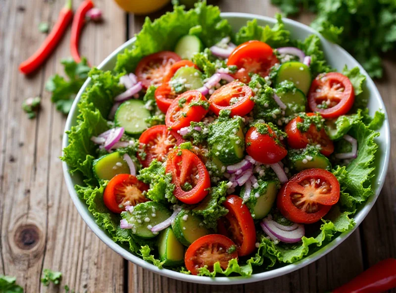 Overhead shot of a colorful and vibrant salad with mixed greens, tomatoes, cucumbers, and a light vinaigrette dressing.