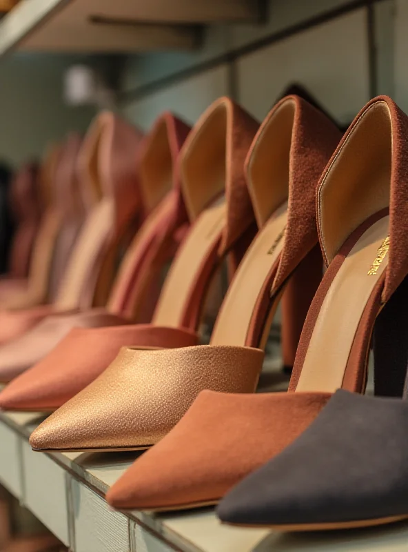 Close-up shot of several pairs of fashionable chunky heels in various colors and styles, arranged on a shelf.