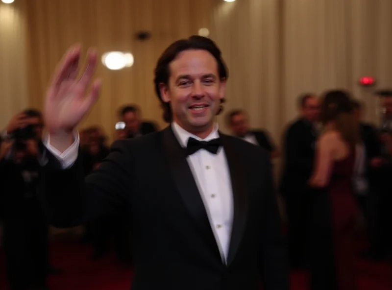 Candid shot of Kieran Culkin on the red carpet at the Oscars, smiling and waving to the crowd.