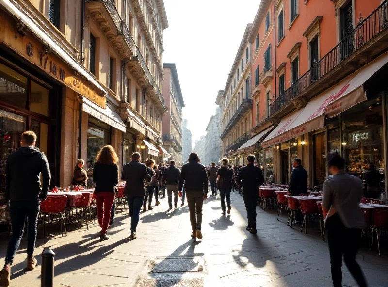 A crowded street scene in Milan, Italy, showing a mix of modern buildings and historic architecture. People are walking along the sidewalks, and there are several shops and cafes.