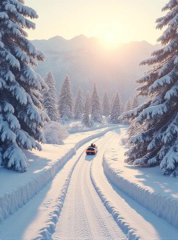 A digitally enhanced image depicting a bobsled track winding through a snow-covered mountain landscape with the Olympic rings subtly visible in the background. The scene is illuminated by a soft, golden light, suggesting a hopeful and grand event.