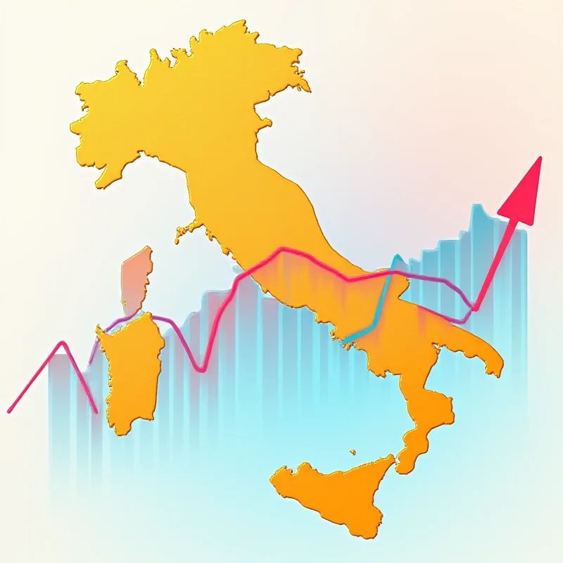 A digital illustration showing a stylized graph with upward and downward trending lines representing political poll results. The colors are vibrant and contrasting, and the graph appears to be projected onto a map of Italy in the background.