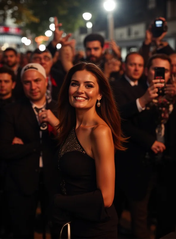 Juliana Paes smiling and waving amidst a crowd of fans, with her husband Carlos Eduardo Baptista nearby.