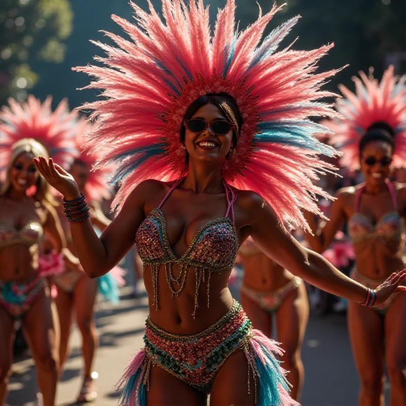 A person dressed in a colorful and elaborate trans flag-themed samba costume during a carnival parade.