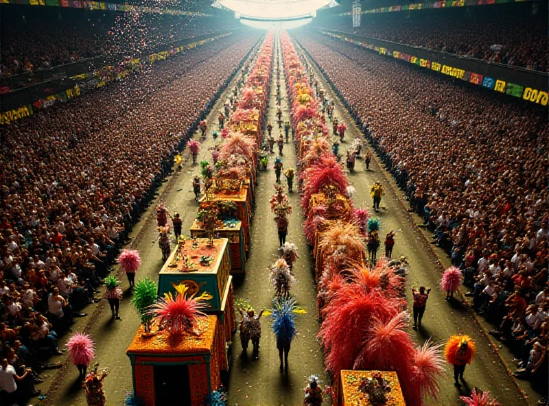 A vibrant aerial view of the Sapucaí Sambadrome filled with samba school performers in colorful costumes during the Champions Parade.