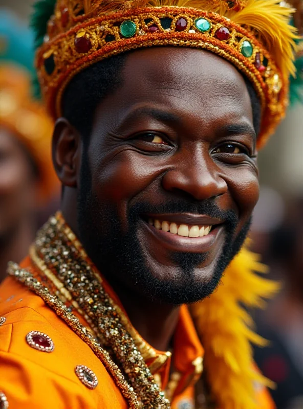 A portrait of Neguinho da Beija-Flor, the official interpreter of the Beija-Flor samba school, smiling warmly at the camera. He is wearing a traditional samba outfit.