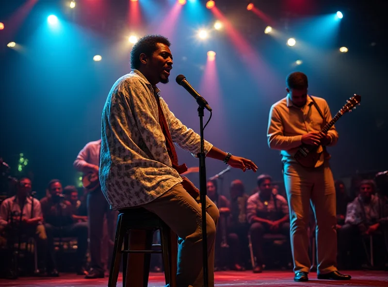 A wide shot of Jorge Ben Jor on stage at Sapucaí performing alongside Dudu Nobre. The stage is brightly lit and the audience is cheering.