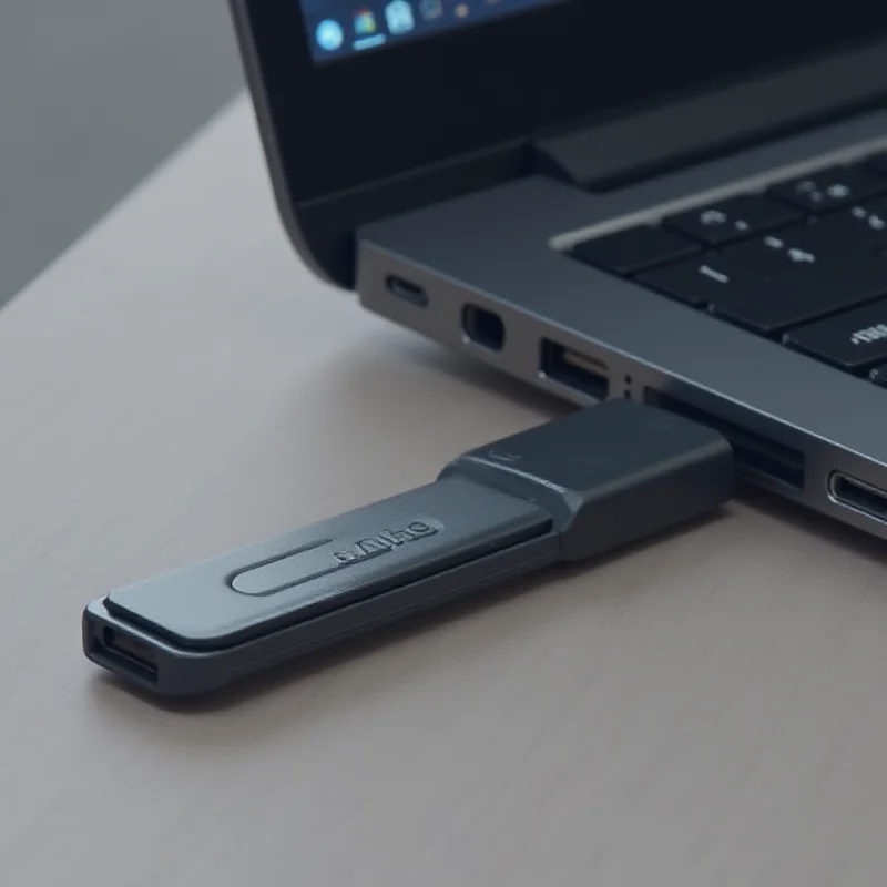 Close-up of a Samsung 256GB Fit Plus USB flash drive plugged into a laptop.