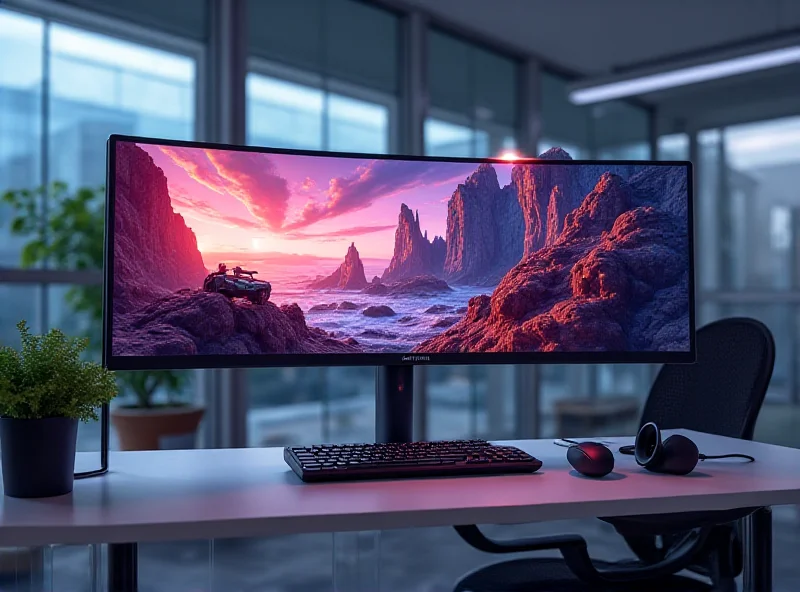 A curved Samsung Odyssey OLED G8 monitor displayed in a modern, minimalist office setting. The monitor is showcasing vibrant colors and sharp details of a video game, highlighting its gaming capabilities. The background includes a clean desk, a stylish chair, and soft ambient lighting, emphasizing the monitor's integration into a sophisticated and functional workspace.