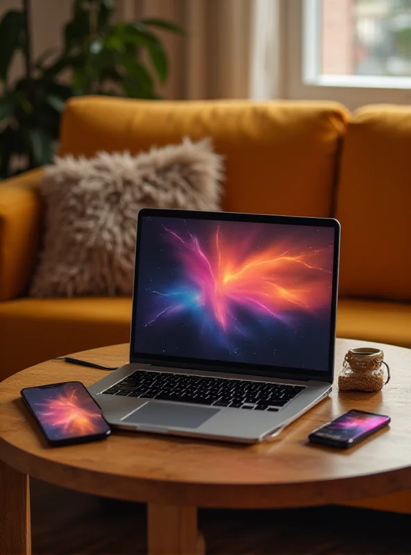 A laptop and smartphone are placed on a round wooden table in a cozy interior setting. The laptop screen displays a vibrant image, while the smartphone rests beside it, reflecting a modern and connected lifestyle. The room features warm lighting and comfortable furnishings, creating an inviting atmosphere that highlights the seamless integration of technology into everyday living.