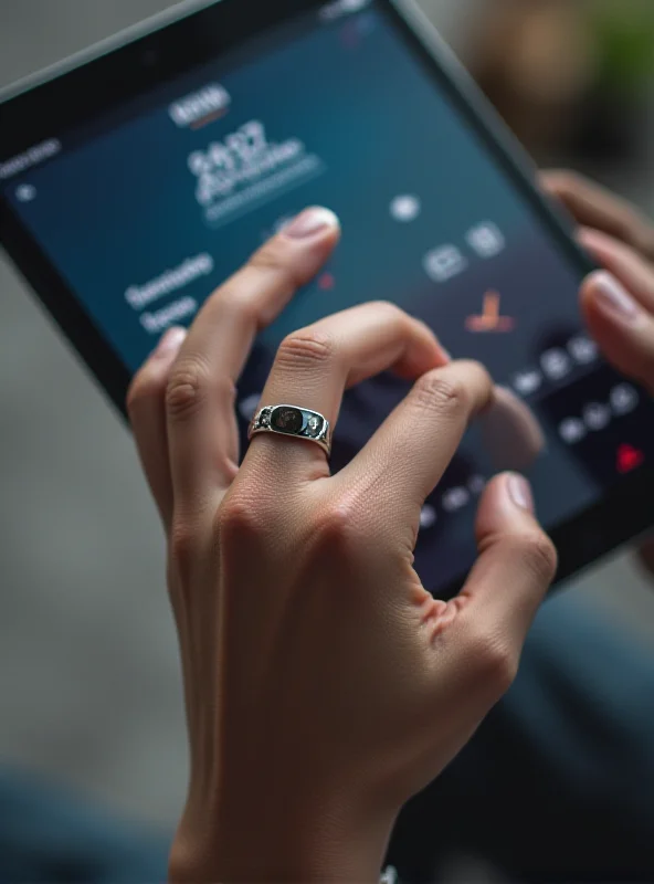 Close-up shot of a sleek, silver Samsung smart ring worn on a person's finger, interacting with a tablet display in the background.