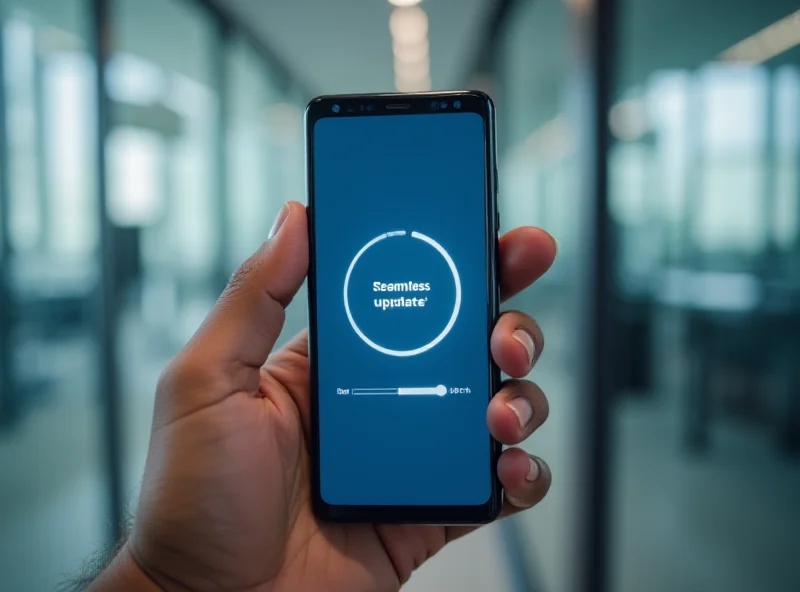 A person restarting their Samsung Galaxy S25 phone, with a progress bar indicating a seamless update in progress.