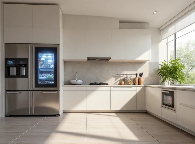 A sleek, modern kitchen featuring a range of Samsung AI appliances, including a refrigerator, oven, and dishwasher. The appliances are seamlessly integrated into the design of the kitchen, and the lighting is bright and inviting.