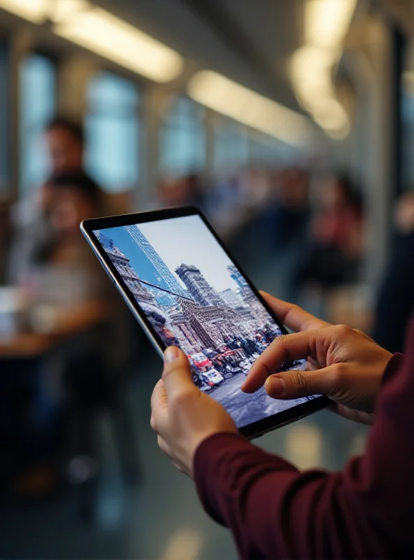 A person holding a Samsung Galaxy Tab S10 FE tablet. The background is blurred, suggesting they are using it on the go. The tablet is displaying a vibrant image or video, showcasing its screen quality.