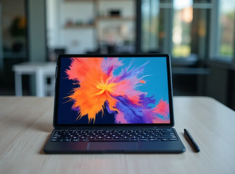 Samsung Galaxy Tab S10 Ultra on a desk with a keyboard and stylus, showcasing its large display.