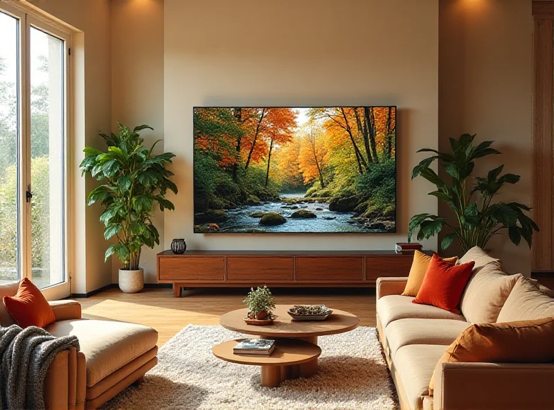 A living room setup featuring the Samsung 75-inch QE1D 4K QLED TV displaying vibrant colors and sharp details.