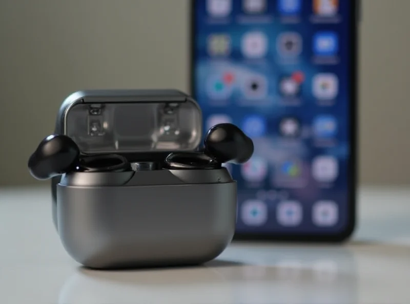 Close up of Galaxy Buds 3 Pro in its charging case, with a Galaxy S25 phone in the background showing the One UI 7 interface.