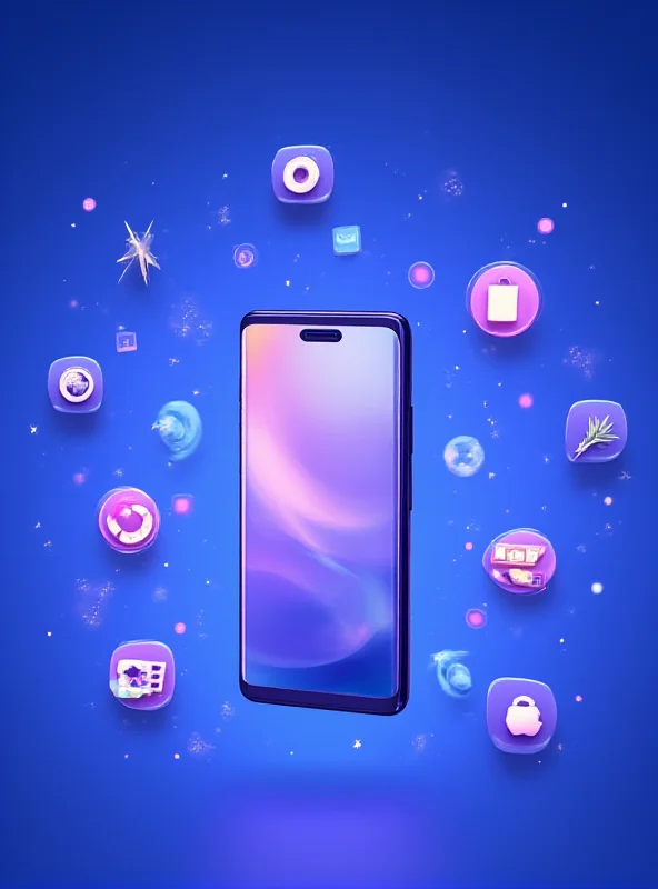 An illustration depicting various smartphone features represented by icons (camera, battery, software update), arranged around a central Samsung phone. The overall tone is futuristic and emphasizes technological advancement.