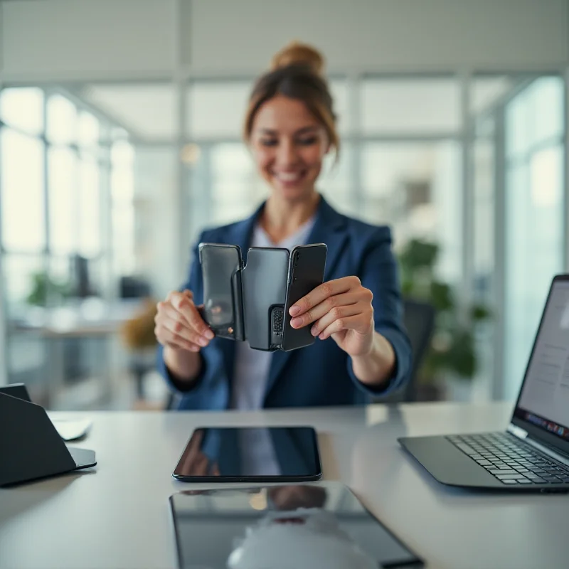 A person holding an unfolded tri-fold smartphone, demonstrating its large screen size. The smartphone is surrounded by other devices, like a tablet and a laptop, to show it can be used for multiple purposes.