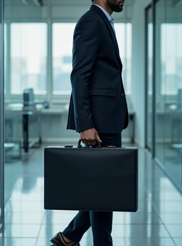 A Samsung foldable OLED monitor folded into a briefcase being carried by a person in a modern office setting.