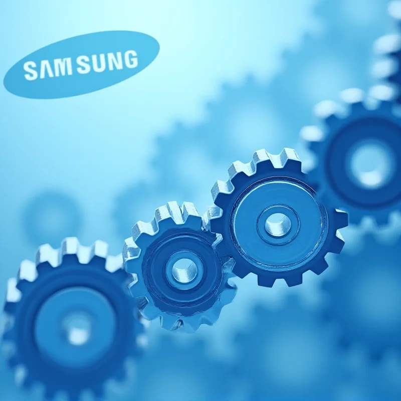 A stylized image representing leadership and continuity, with interconnected gears and a subtle Samsung logo in the background.