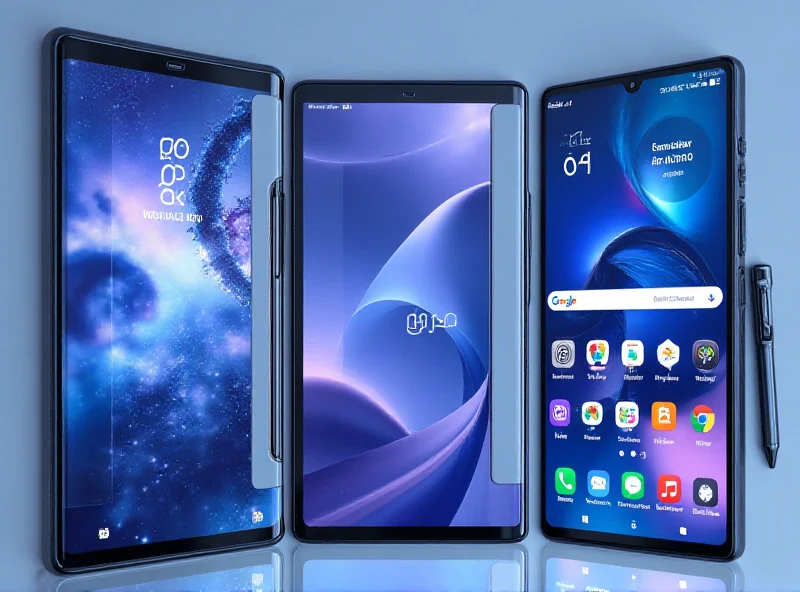 A collage showcasing the Samsung Galaxy S25 Ultra, a potential S25 Plus design without the S Pen, and the Galaxy Tab S10 FE Plus.