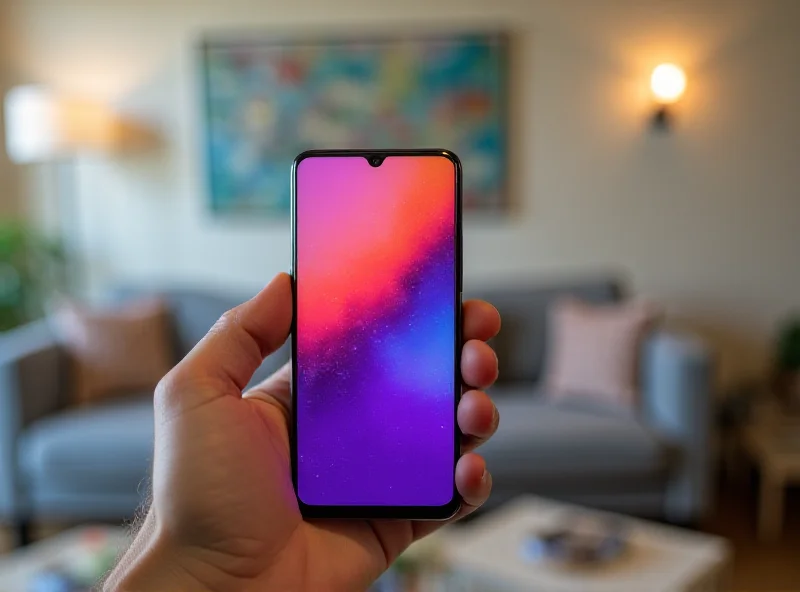 A person holding a Samsung Galaxy A series phone in their hand, showcasing the phone's sleek design and vibrant display. The background features a modern, minimalist setting.