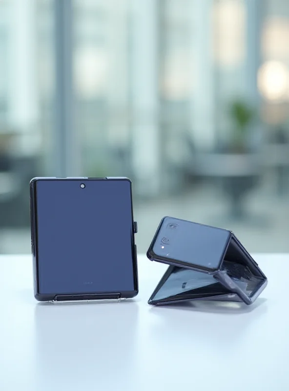 A Samsung Galaxy Z Fold 6 and a Samsung Galaxy Z Flip 6 are displayed side-by-side, showcasing their folded and unfolded states. The background is a clean, modern workspace with a blurred city view in the distance.