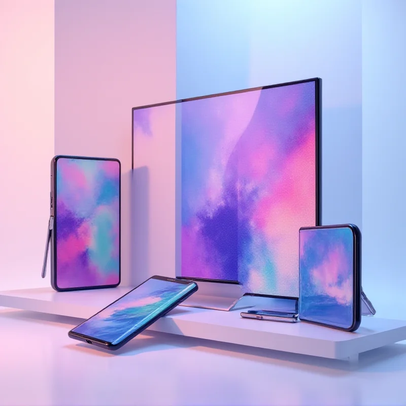 A collage showcasing various Samsung products, including a Galaxy A-series smartphone, a QLED TV, and a Galaxy Z Fold device. The background is a vibrant, gradient color scheme featuring shades of blue, purple, and pink.