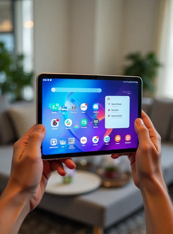 A person holding a Samsung Galaxy Tab S10 FE tablet, displaying a vibrant and colorful user interface.