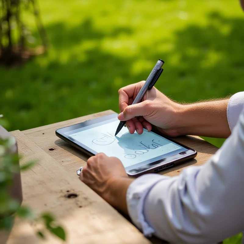 A person using a Samsung Galaxy Tab S9 FE with the S Pen outdoors