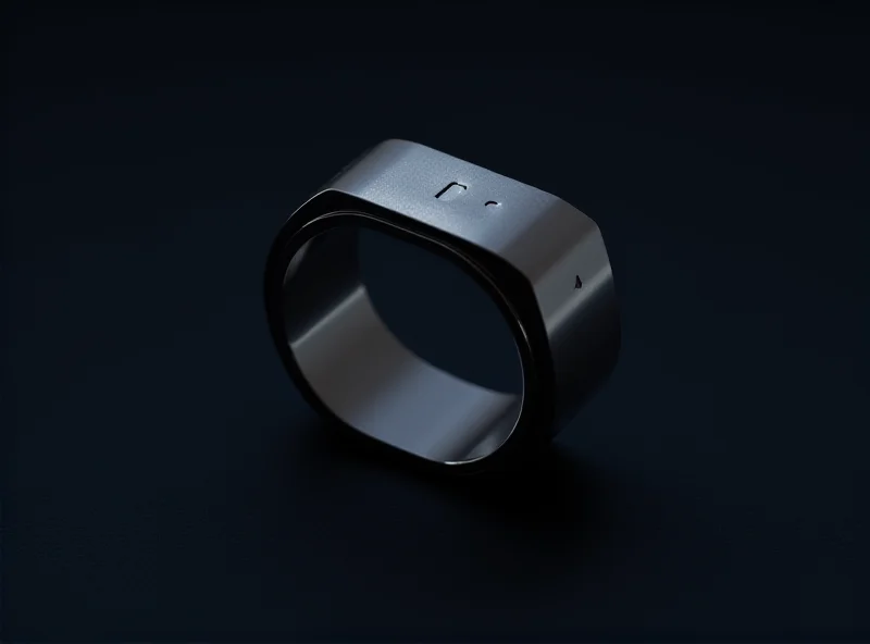 Close-up render of a sleek, silver smart ring with a subtle Samsung logo on its surface, resting on a dark, textured background.